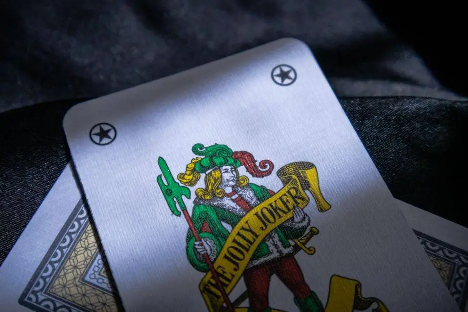 Detailed shot of a Jolly Joker playing card with intricate design in a low light setting.
