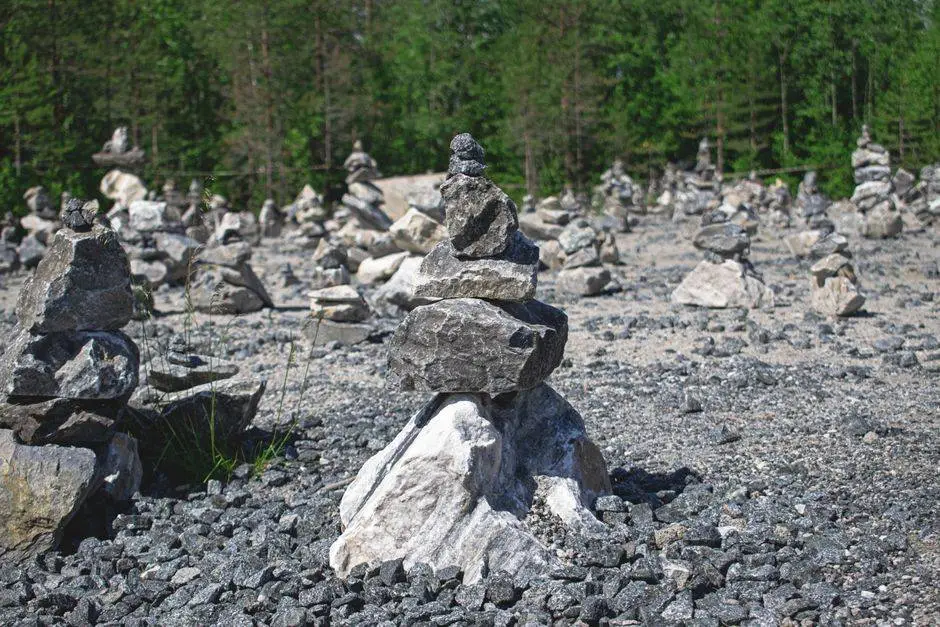 A tranquil outdoor scene showcasing stacked cairn stones in a natural forest setting.