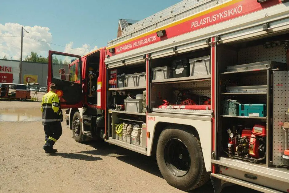 A Finnish firefighter inspects a fire truck with open compartments in Kausala, Finland.