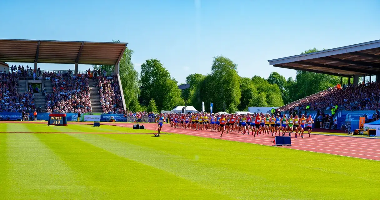 Yleisurheilukilpailu ulkostadioneilla Suomessa kes&auml;ll&auml;, juoksijoita radalla