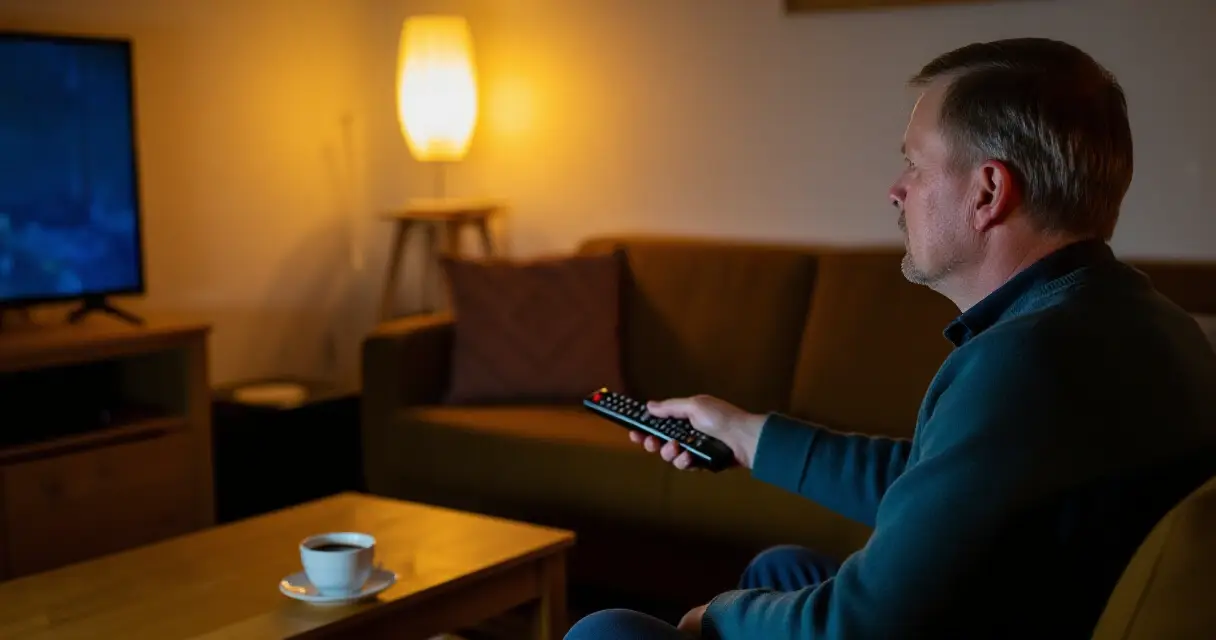 Henkilö katselee teksti-tv:tä kotisohvalta kaukosäätimen kanssa