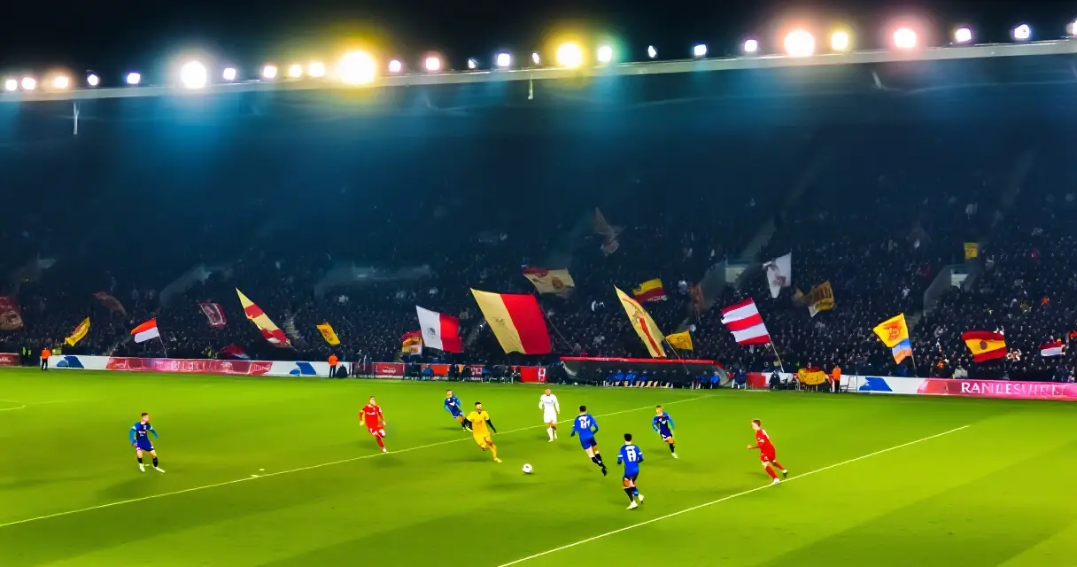 Jalkapallo-ottelu täydessä stadionissa illalla, pelaajat taistelevat pallosta
