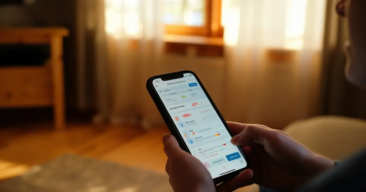 Henkilö tarkistaa online-tuloksia älypuhelimelta kotona
