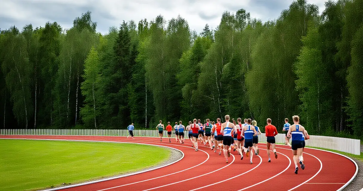 Suomalainen yleisurheilukisa ulkoradalla metsämaisemassa